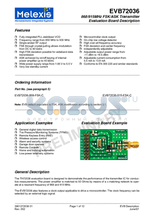 EVB72036-915-FSK-A datasheet - 868/915MHz FSK/ASK Transmitter Evaluation Board Description