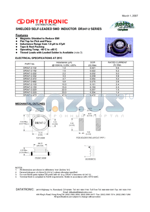 DR347-2-332 datasheet - SHIELDED SELF-LEADED SMD INDUCTOR