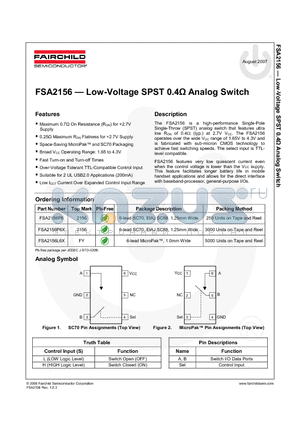 FSA2156P6X datasheet - Low-Voltage SPST 0.4Y Analog Switch