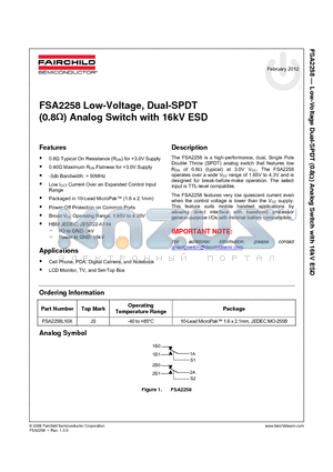 FSA2258L10X datasheet - Low-Voltage, Dual-SPDT (0.8) Analog Switch with 16kV ESD