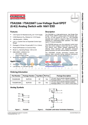 FSA2268TUMX datasheet - Low-Voltage Dual-SPDT (0.4Y) Analog Switch with 16kV ESD