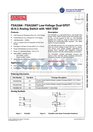 FSA2268TUMX datasheet - Low-Voltage Dual-SPDT(0.4) Analog Switch with 16kV ESD