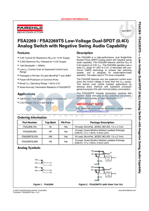 FSA2269TSUMX datasheet - Low-Voltage Dual-SPDT (0.4ohm) Analog Switch with Negative Swing Audio Capability