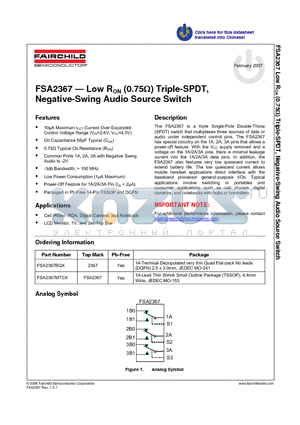FSA2367BQX datasheet - Low RON (0.75ohm) Triple-SPDT, Negative-Swing Audio Source Switch