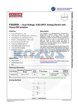 FSA2859UCX datasheet - Dual-Voltage, 0.8Y DPDT Analog Switch with Power-Off Isolation