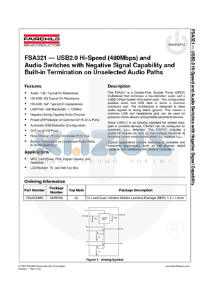 FSA321_12 datasheet - USB2.0 Hi-Speed (480Mbps) and Audio Switches with Negative Signal Capability and Built-in Termination on Unselected Audio Paths