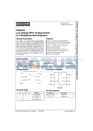 FSA3357K8X datasheet - Low Voltage SP3T Analog Switch (3:1 Multiplexer/Demultiplexer)