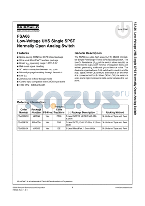 FSA66 datasheet - Low-Voltage UHS Single SPST Normally Open Analog Switch