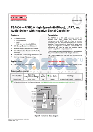 FSA800UMX datasheet - USB2.0 High-Speed (480Mbps), UART, and Audio Switch with Negative Signal Capability