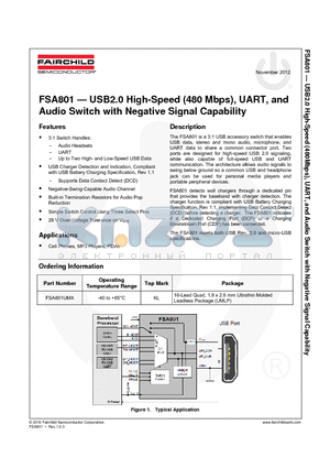 FSA801 datasheet - USB2.0 High-Speed (480 Mbps), UART, and Audio Switch with Negative Signal Capability
