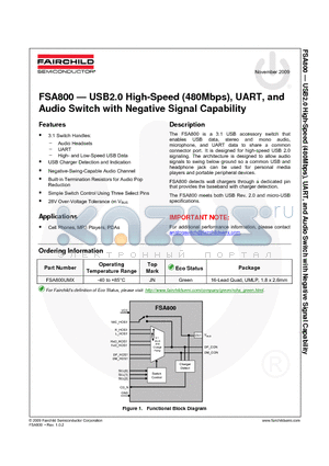 FSA800_09 datasheet - USB2.0 High-Speed (480Mbps), UART, and Audio Switch with Negative Signal Capability