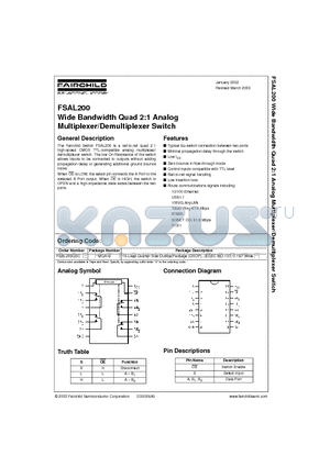 FSAL200QSC datasheet - Wide Bandwidth Quad 2:1 Analog Multiplexer/Demultiplexer Switch