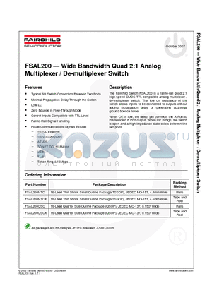 FSAL200_07 datasheet - Wide Bandwidth Quad 2:1 Analog Multiplexer / De-multiplexer Switch