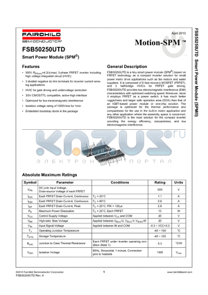 FSB50250UTD datasheet - Smart Power Module (SPM^)