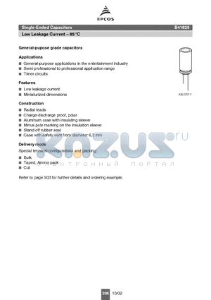 B41825A4106M00 datasheet - Single-Ended Capacitors Low Leakage Current