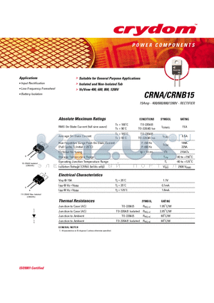 CRNB15-800PT datasheet - 15Amp - 400/600/800/1200V - RECTIFIER