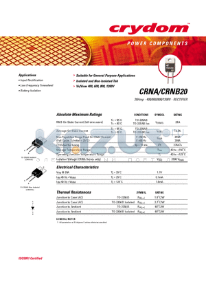 CRNB20-400PT datasheet - 20Amp - 400/600/800/1200V - RECTIFIER