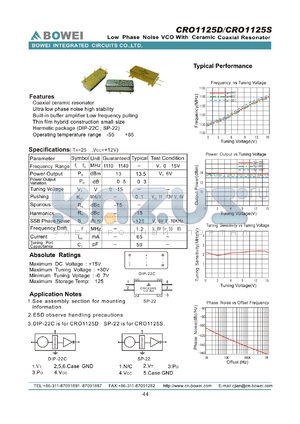 CRO1125D datasheet - Low Phase Noise VCO With Ceramic Coaxial Resonator