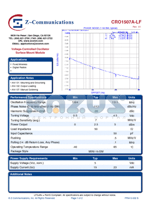 CRO1507A-LF datasheet - Voltage-Controlled Oscillator Surface Mount Module