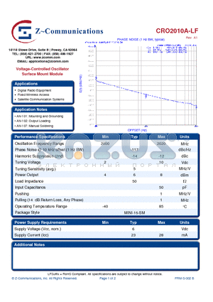 CRO2010A-LF datasheet - Voltage-Controlled Oscillator Surface Mount Module