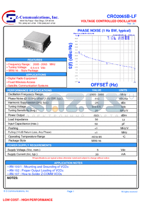 CRO2065B-LF datasheet - VOLTAGE CONTROLLED OSCILLATOR