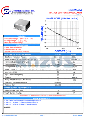CRO2343A datasheet - LOW COST - HIGH PERFORMANCE VOLTAGE CONTROLLED OSCILLATOR