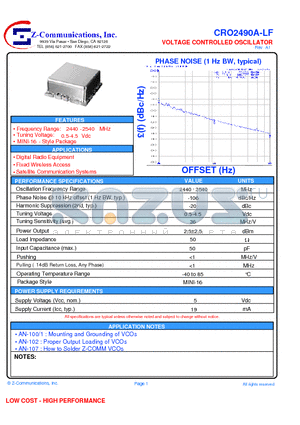 CRO2490A-LF datasheet - VOLTAGE CONTROLLED OSCILLATOR