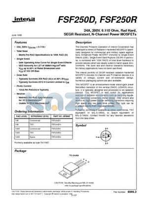 FSF250D1 datasheet - 24A, 200V, 0.110 Ohm, Rad Hard, SEGR Resistant, N-Channel Power MOSFETs