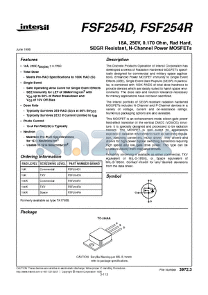 FSF254D1 datasheet - 18A, 250V, 0.170 Ohm, Rad Hard, SEGR Resistant, N-Channel Power MOSFETs