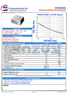 CRO3200A datasheet - LOW COST - HIGH PERFORMANCE VOLTAGE CONTROLLED OSCILLATOR