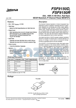 FSF9150D3 datasheet - 22A, -100V, 0.140 Ohm, Rad Hard, SEGR Resistant, P-Channel Power MOSFETs