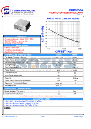 CRO3250A datasheet - LOW COST - HIGH PERFORMANCE VOLTAGE CONTROLLED OSCILLATOR