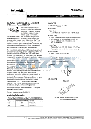 FSGS230R datasheet - Radiation Hardened, SEGR Resistant N-Channel Power MOSFET