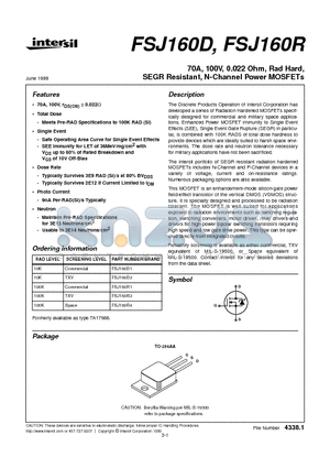 FSJ160R4 datasheet - 70A, 100V, 0.022 Ohm, Rad Hard, SEGR Resistant, N-Channel Power MOSFETs