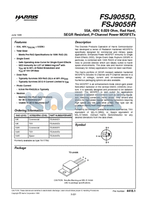 FSJ9055R datasheet - 55A, -60V, 0.029 Ohm, Rad Hard, SEGR Resistant, P-Channel Power MOSFETs