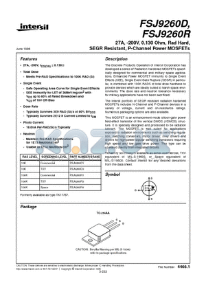 FSJ9260R datasheet - 27A, -200V, 0.130 Ohm, Rad Hard, SEGR Resistant, P-Channel Power MOSFETs