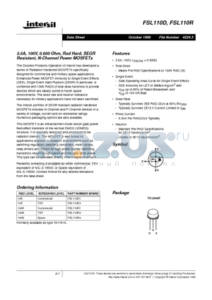 FSL110D datasheet - 3.5A, 100V, 0.600 Ohm, Rad Hard, SEGR Resistant, N-Channel Power MOSFETs