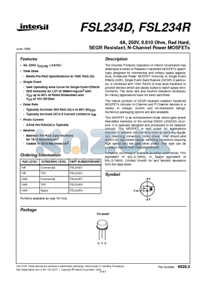 FSL234D1 datasheet - 4A, 250V, 0.610 Ohm, Rad Hard, SEGR Resistant, N-Channel Power MOSFETs