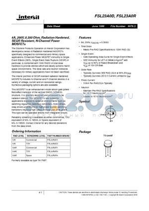 FSL23A0D1 datasheet - 6A, 200V, 0.350 Ohm, Radiation Hardened, SEGR Resistant, N-Channel Power MOSFETs
