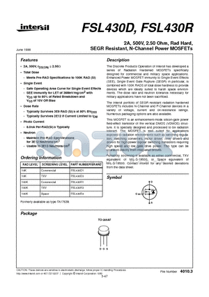 FSL430R3 datasheet - 2A, 500V, 2.50 Ohm, Rad Hard, SEGR Resistant, N-Channel Power MOSFETs