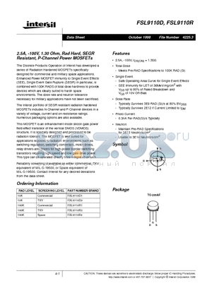 FSL9110R datasheet - 2.5A, -100V, 1.30 Ohm, Rad Hard, SEGR Resistant, P-Channel Power MOSFETs