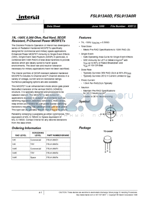 FSL913A0R3 datasheet - 7A, -100V, 0.300 Ohm, Rad Hard, SEGR Resistant, P-Channel Power MOSFETs
