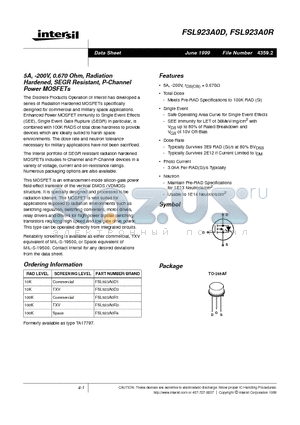 FSL923A0D1 datasheet - 5A, -200V, 0.670 Ohm, Radiation Hardened, SEGR Resistant, P-Channel Power MOSFETs
