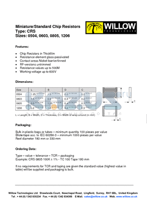 CRS0603 datasheet - Miniature/Standard Chip Resistors