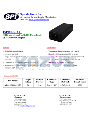 FSP025-DGAA1 datasheet - 25 Watts Power Adapter High efficiency and reliability