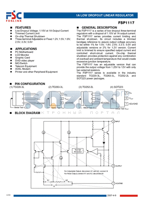 FSP1117T50AE datasheet - 1A LOW DROPOUT LINEAR REGULATOR