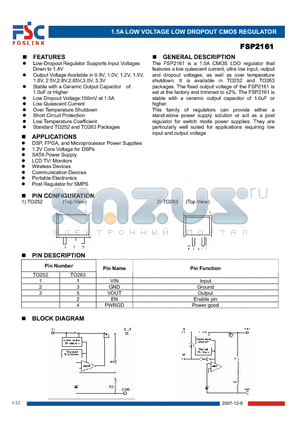 FSP2161K15AD datasheet - 1.5A LOW VOLTAGE LOW DROPOUT CMOS REGULATOR