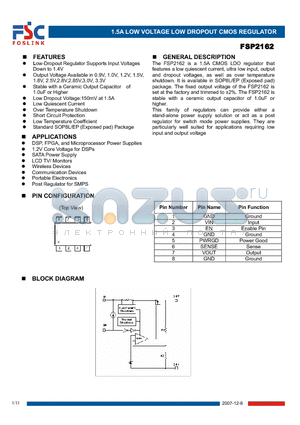 FSP2162S10AD datasheet - 1.5A LOW VOLTAGE LOW DROPOUT CMOS REGULATOR