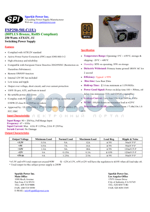 FSP250-50LC1U datasheet - 250 Watts ATX12V, 1U Switching Power Supply