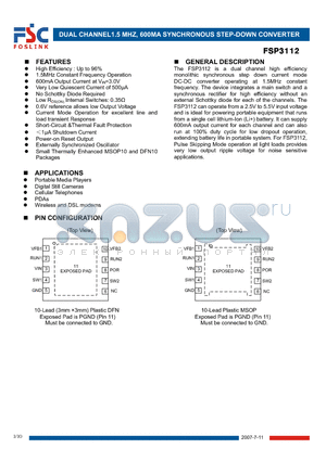 FSP3112LAD datasheet - DUAL CHANNEL1.5 MHZ, 600MA SYNCHRONOUS STEP-DOWN CONVERTER